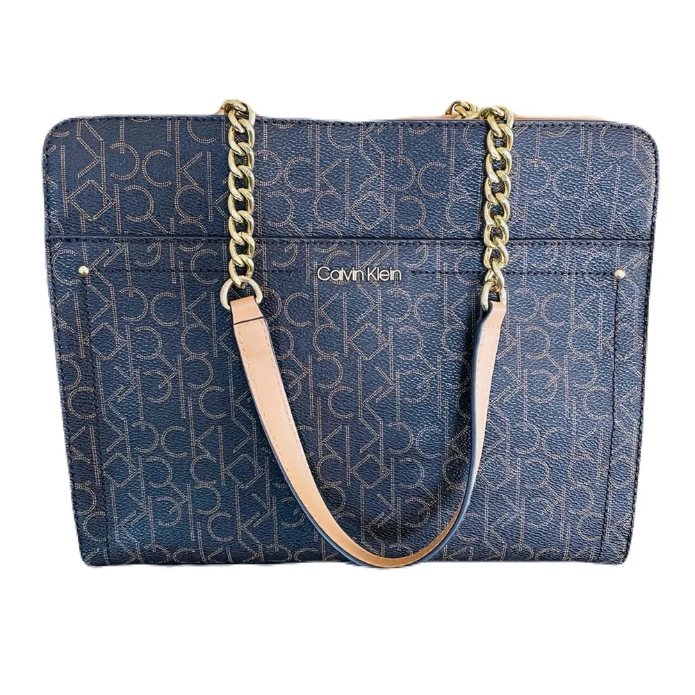 Calvin Klein Navy Monogram Tote with Beige Strap and Gold Chain